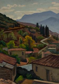 Landscape, Goura Area — Oil painting, Fiberboard, 50.00×70.00cm — Theodoros Markellos